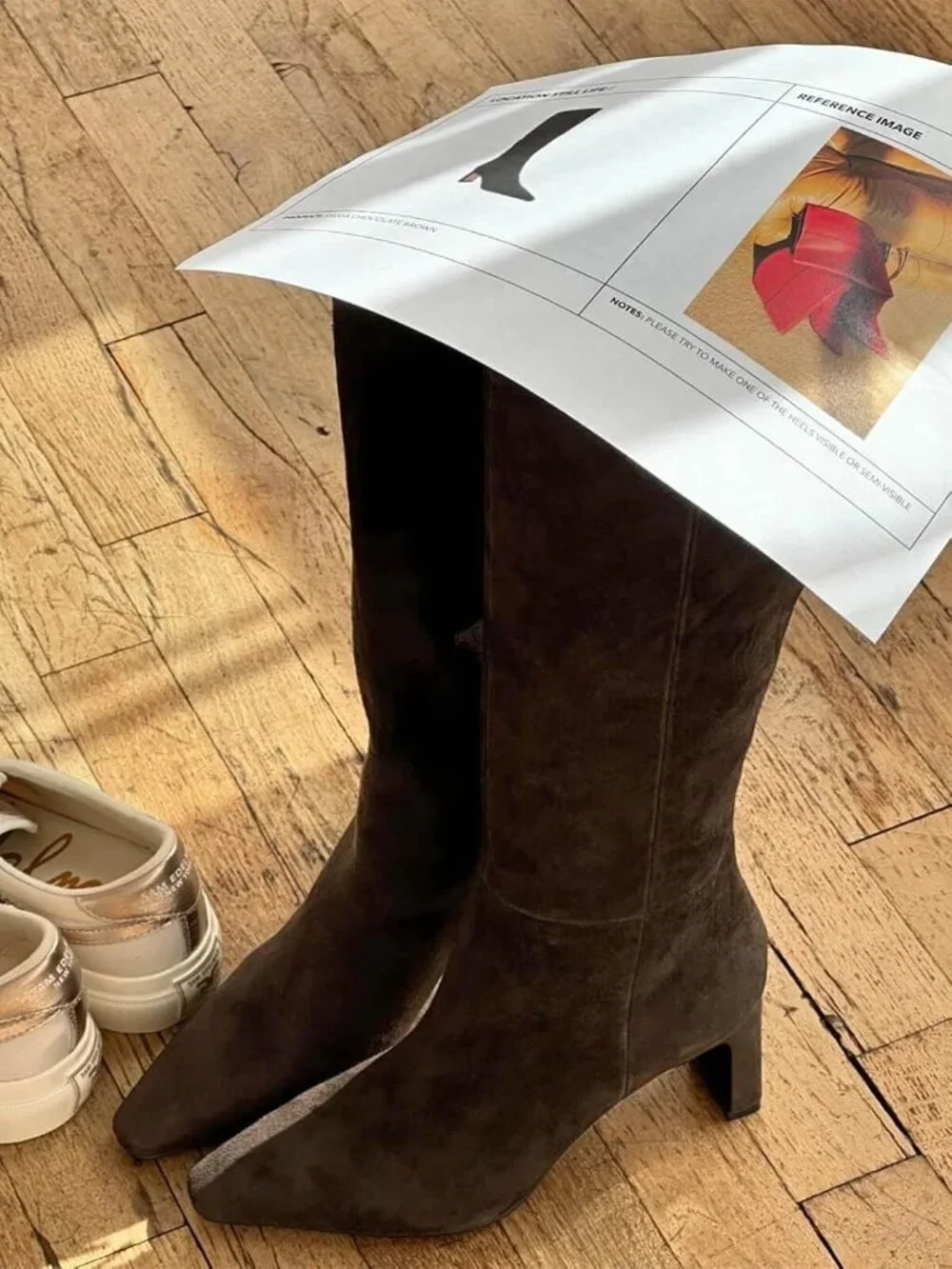 Women's Chocolate Chunky Heel Pointed Toe Faux Suede Side Zipper Knee High Boots